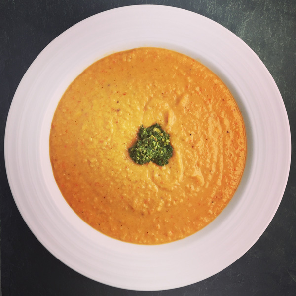 Thai Coconut Sweet Potato Soup with Cilantro Peanut Pesto